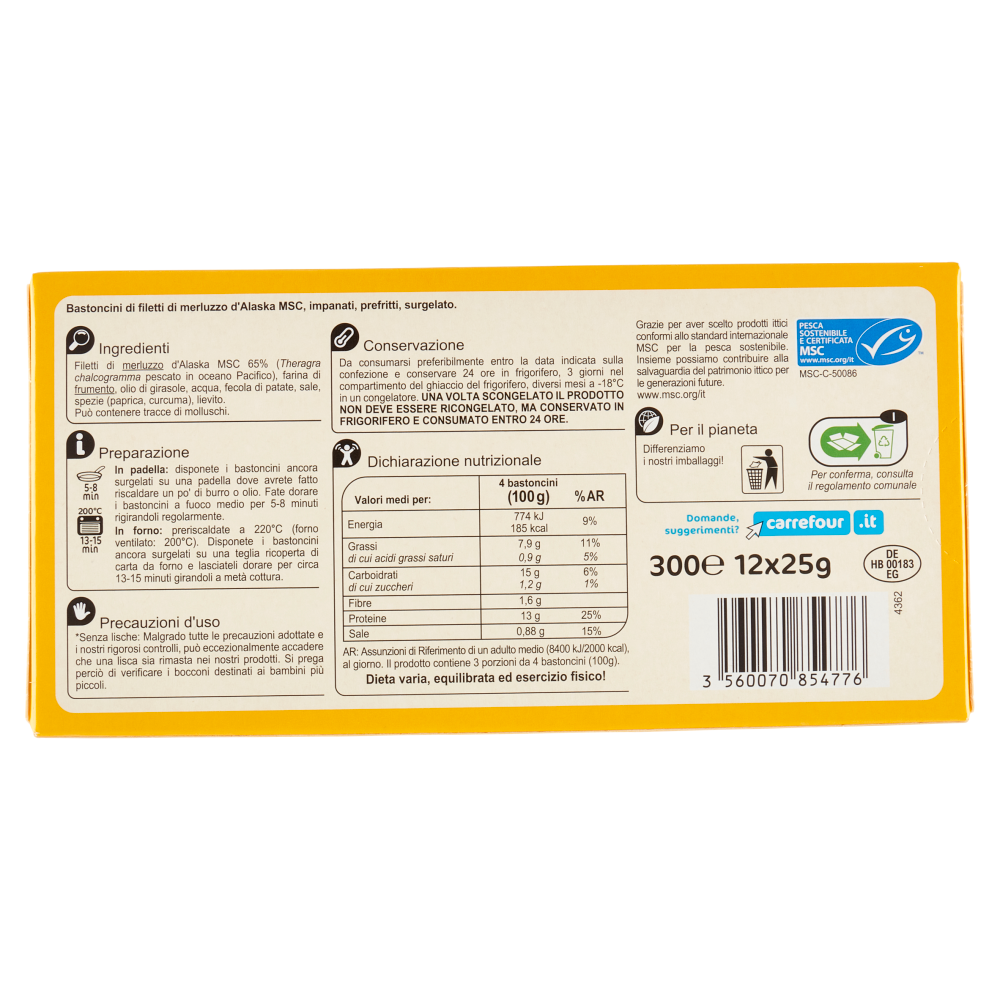 Carrefour 12 Bastoncini Impanati di Merluzzo d'Alaska Surgelato 12 x 25 g