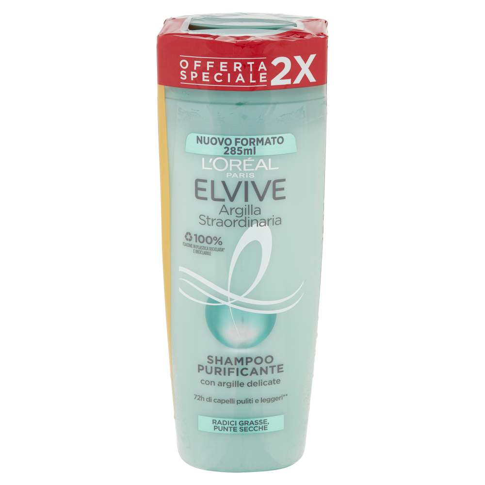 L'Or&eacute;al Paris Shampoo Elvive Argilla Straordinaria, Azione Purificante Districante, Confezione da 2