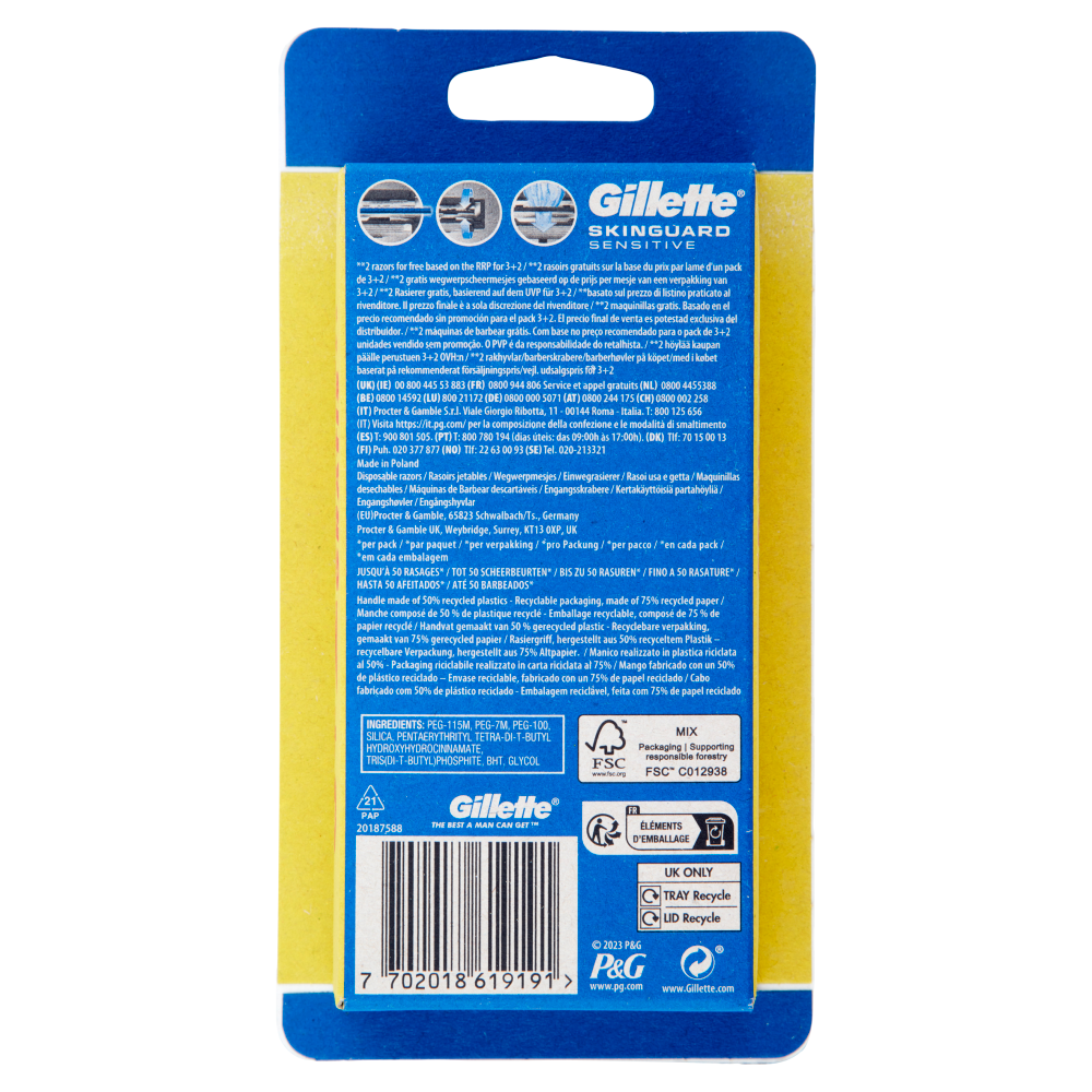 Gillette SkinGuard Sensitive Rasoio da Uomo Usa e Getta ,3 Rasoi + 2 Gratis