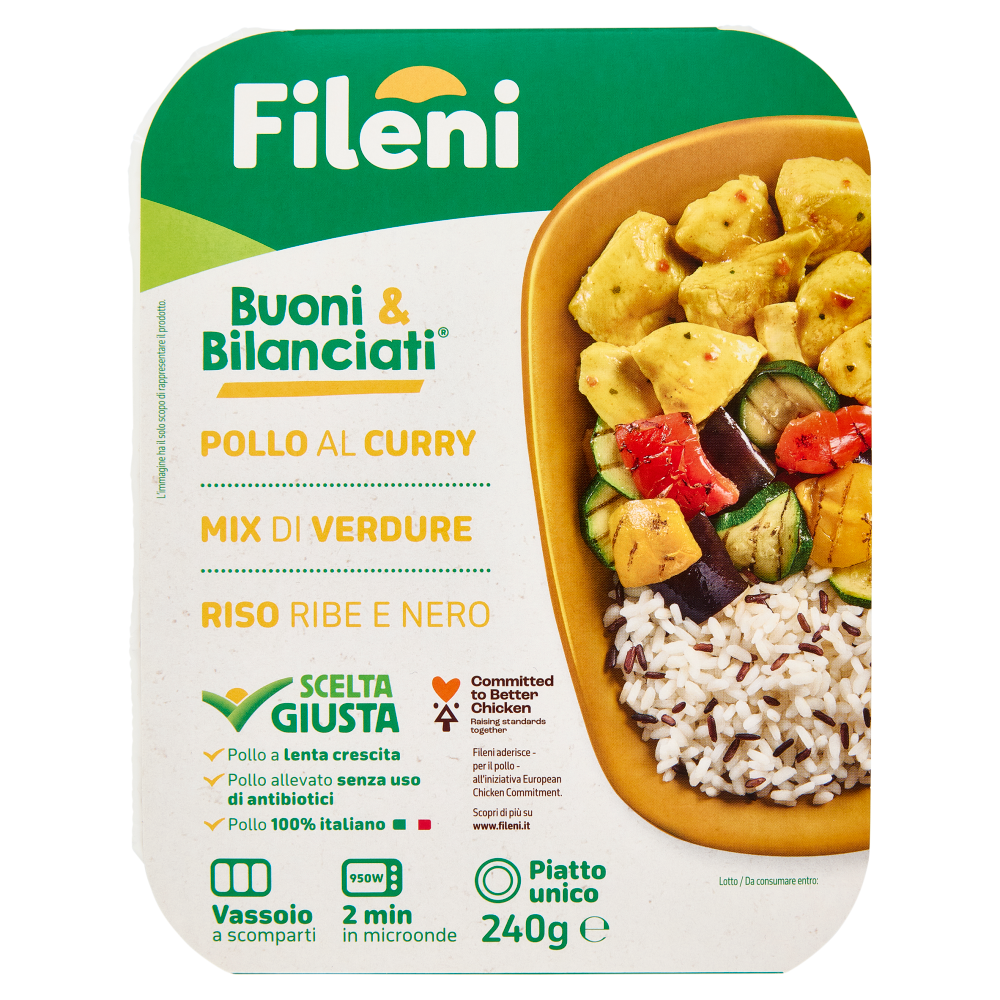 Fileni Buoni & Bilanciati Pollo al Curry, Mix di Verdure, Riso Ribe e Nero 240 g