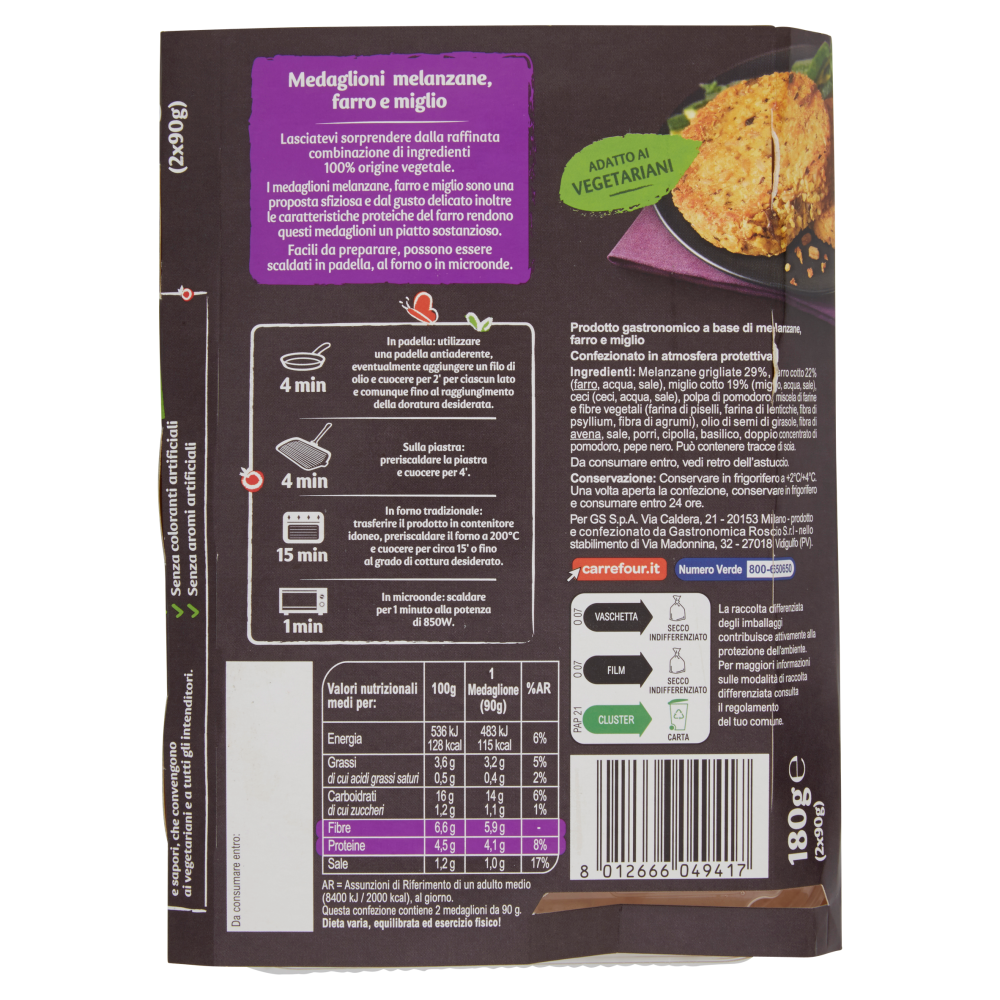 Carrefour Veg Medaglioni Melanzane, farro e miglio 2 x 90 g