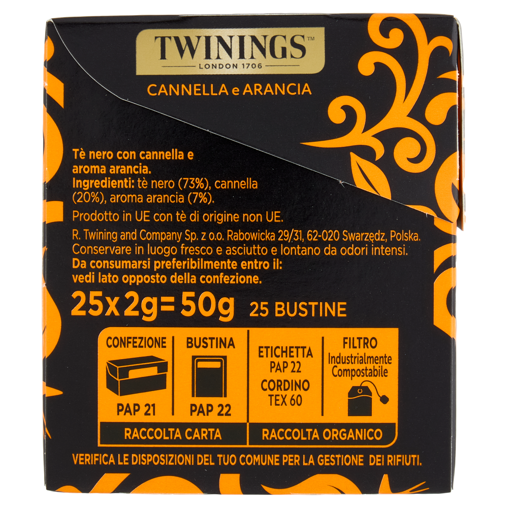 Twinings Cannella e Arancia Tè Nero aromatizzato 25 filtri The 50 g