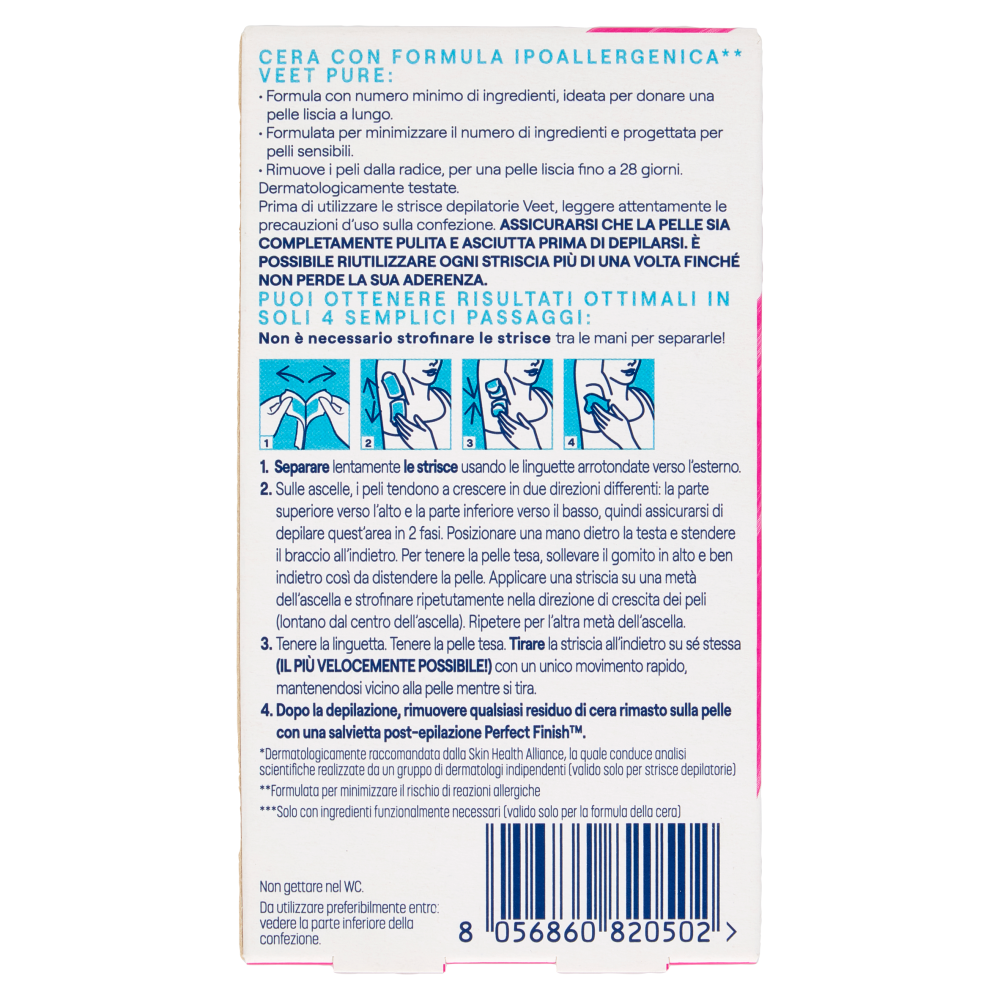Veet Pure Strisce Ipoallergeniche Ascelle, Confezione da 16 Strisce