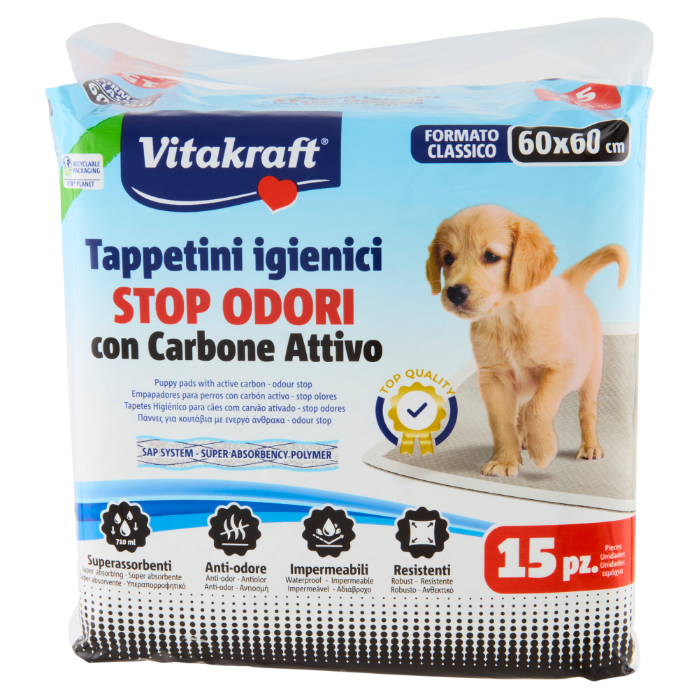 Vitakraft Tappetini igienici Stop Odori con Carbone Attivo 60x60 cm 15 pz