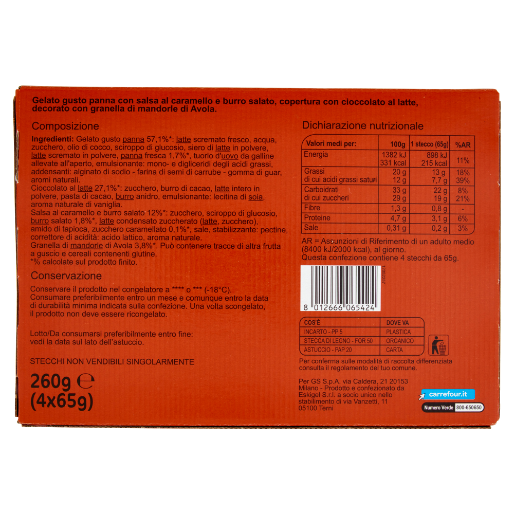 Carrefour Sensation Stecco Caramello salato e Mandorle 4 x 65 g