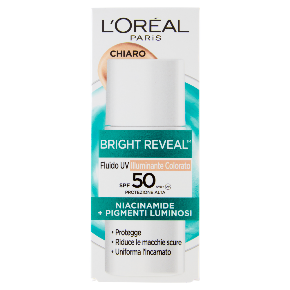 L'Oréal Paris Bright Reveal Fluido UV Illuminante Colorato SPF50 Chiaro, 50 ml