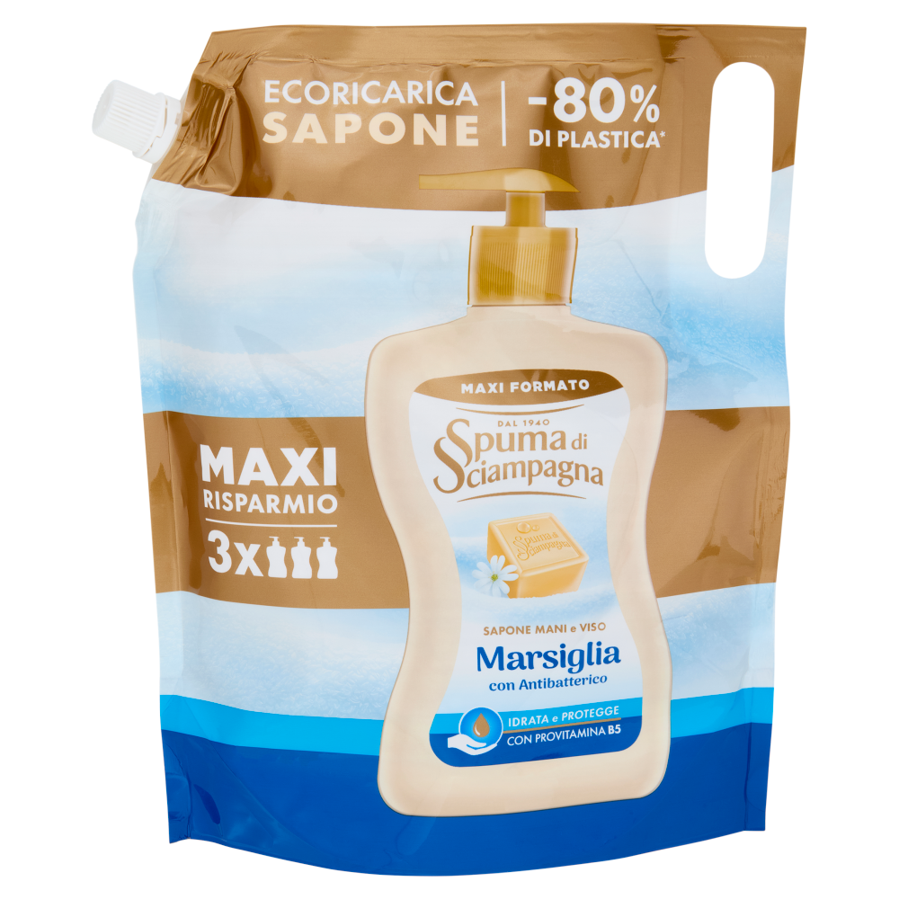 Spuma di Sciampagna Sapone Mani e Viso Marsiglia con Antibatterico Ecoricarica 1300 ml
