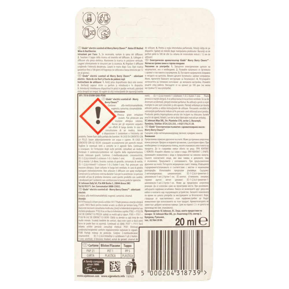 Glade Oli Essenziali, Profumatore per Ambienti Ricarica, Fragranza Merry Berry Cheers 20 ml