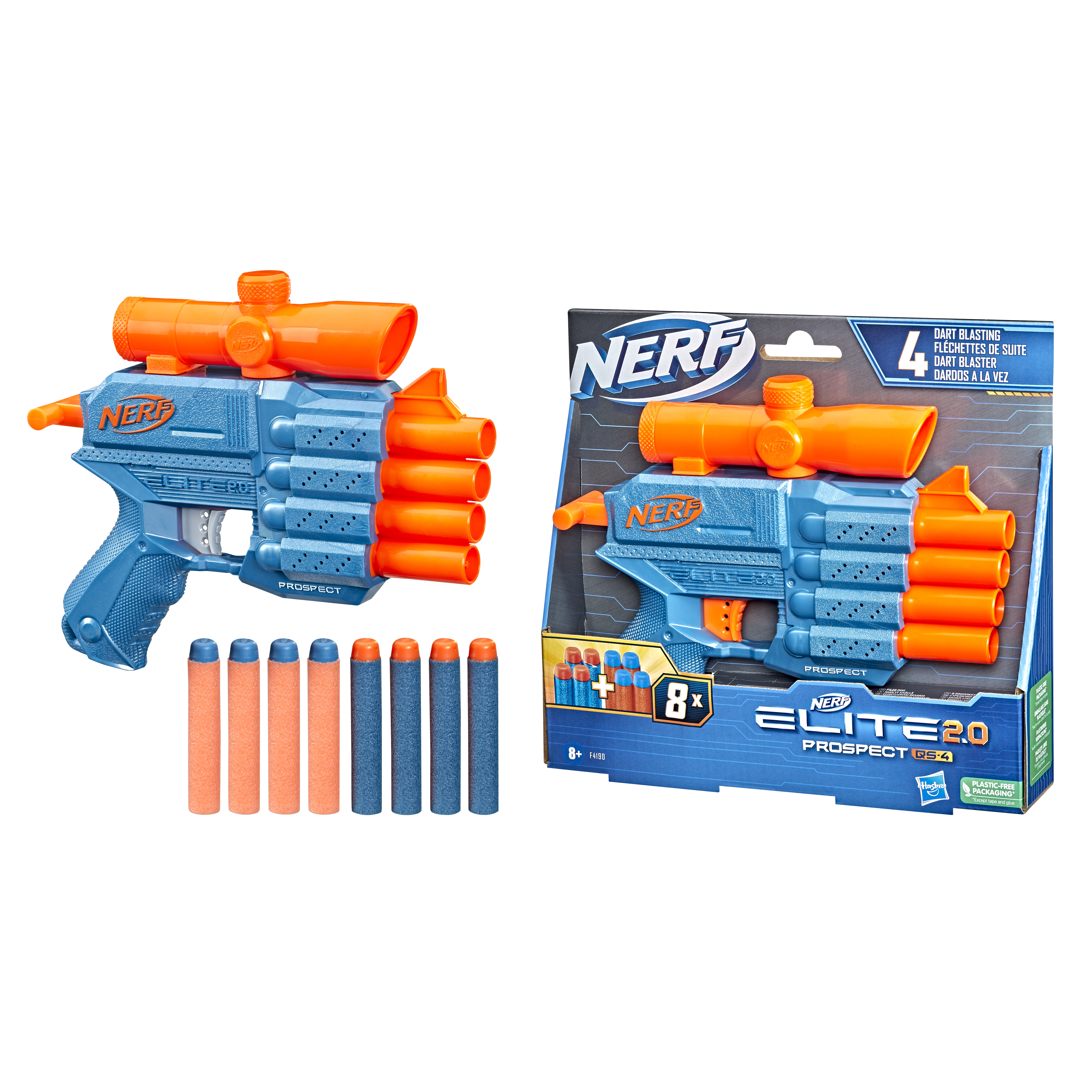 Nerf Elite 2.0 Prospect QS-4, blaster con 8 dardi originali Elite, pu&ograve; contenere fino a 4 dardi, mirino telescopico fisso