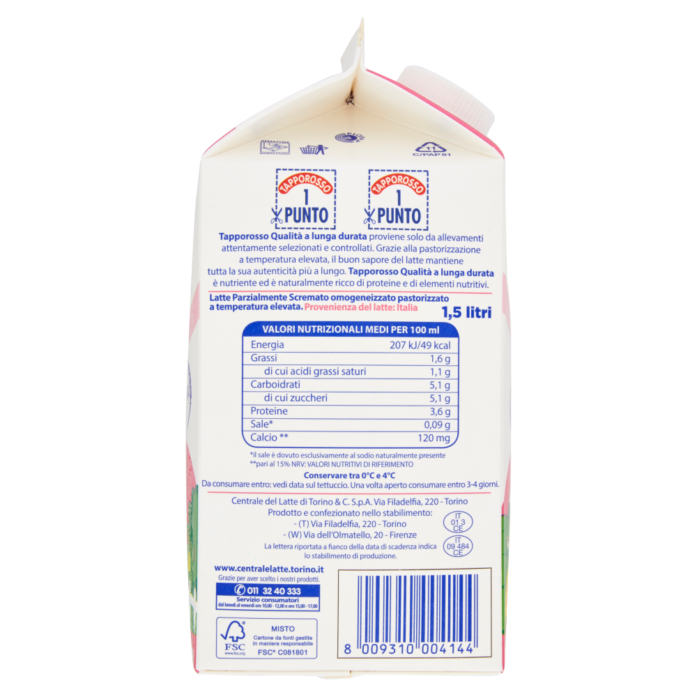 Centrale del Latte di Torino Tapporosso Qualit&agrave; a Lunga Durata Parzialmente Scremato 1,5 litri