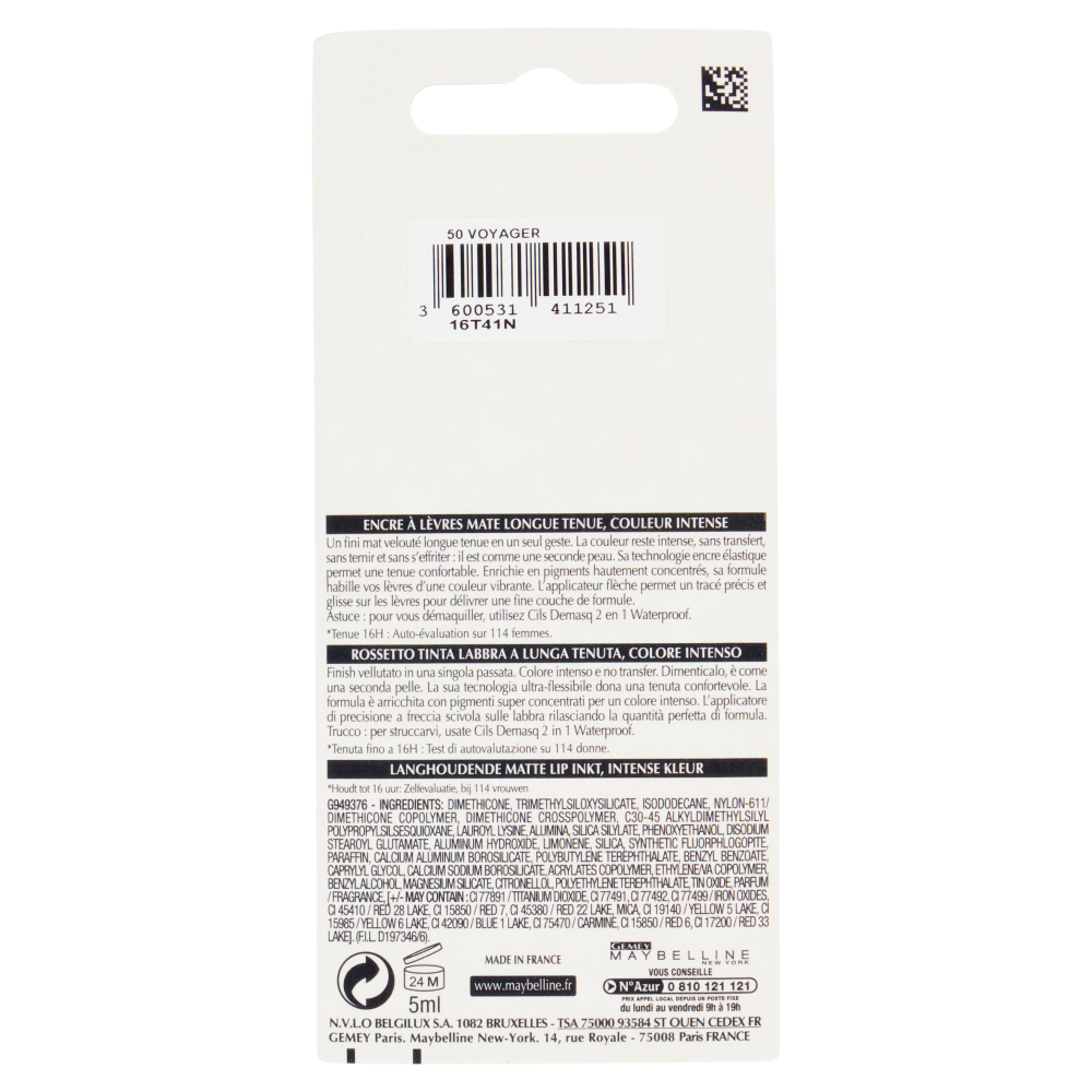 Maybelline New York Tinta Labbra SuperStay Matte Ink, Rossetto Liquido a Lunga Tenuta, 50 Voyager