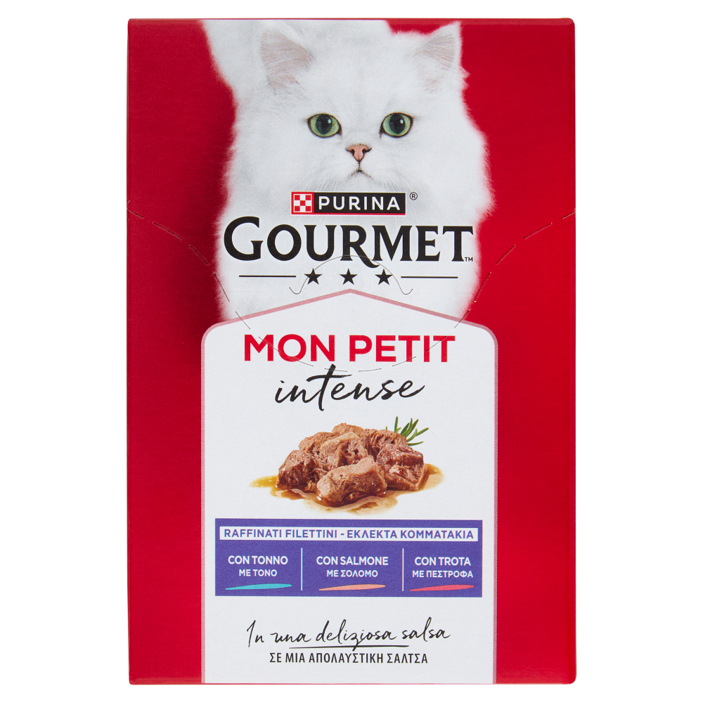 PURINA GOURMET Mon Petit Filettini Intense cotti in Salsa Tonno, Salmone, Trota 6x50g