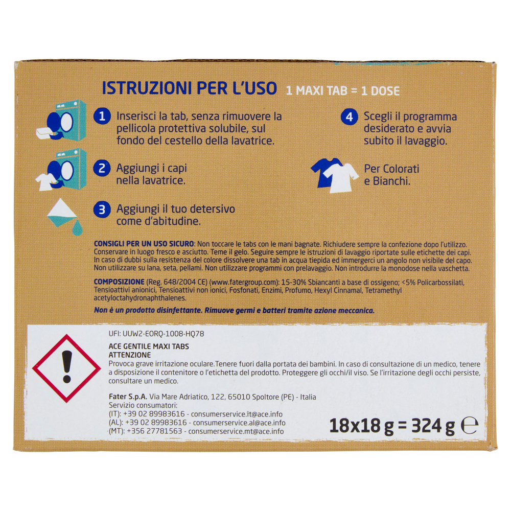 Ace Gentile Maxi Tab Candeggina per Colorati 18 x 18 g