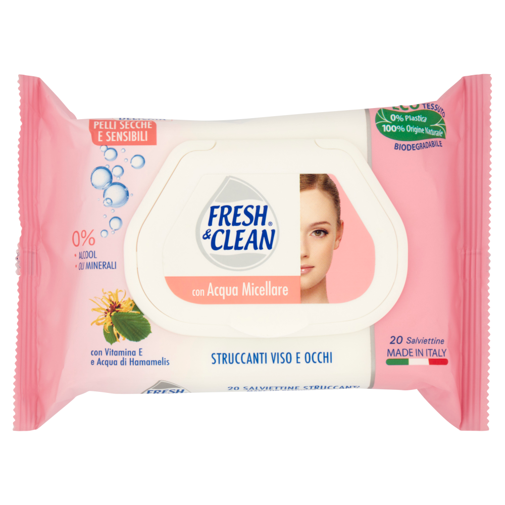 Fresh & Clean con Acqua Micellare Salviettine Struccanti Viso e Occhi Pelli Secche e Sensibili 20 pz