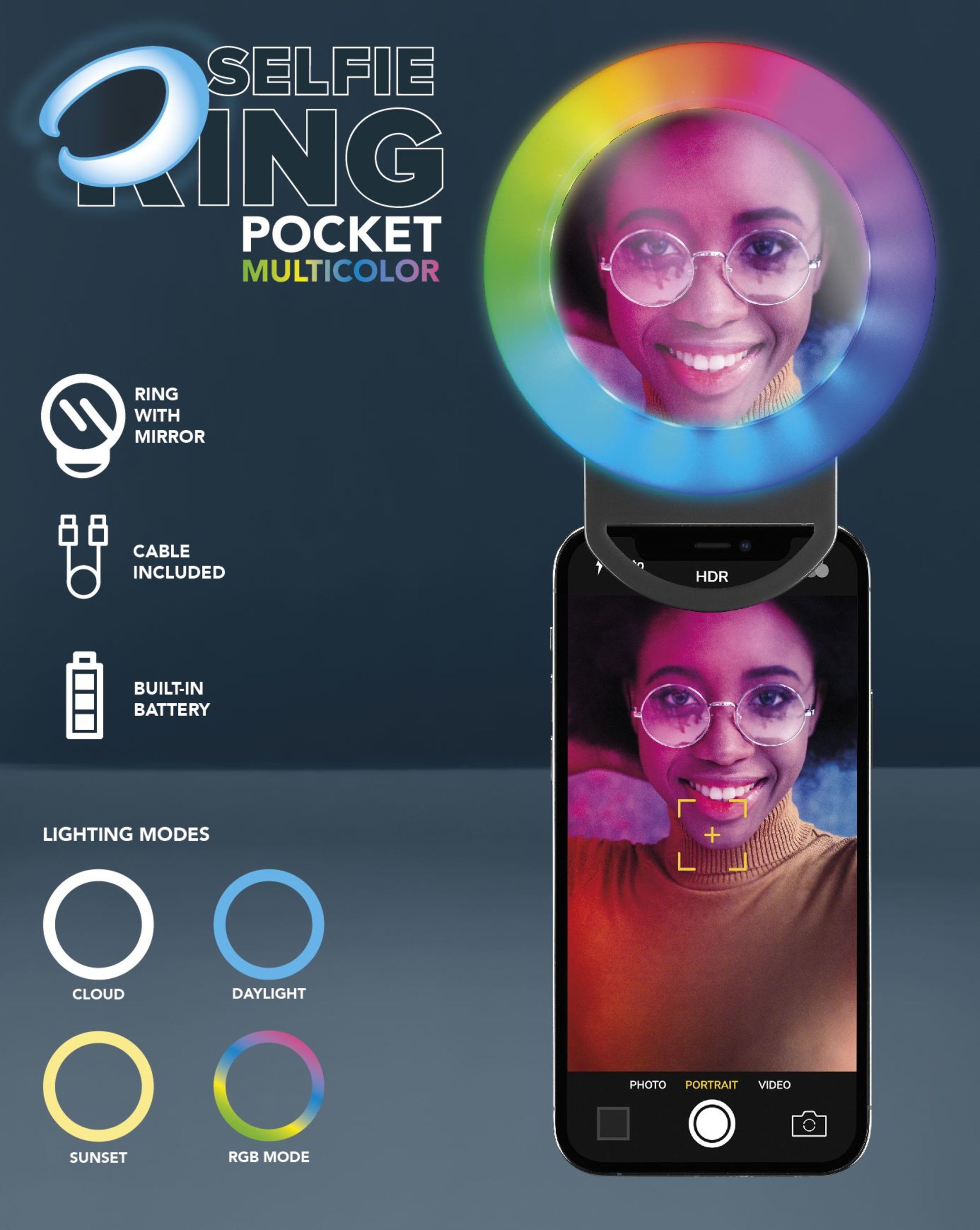 Tech Pop Selfie Ring Pocket Multicolor - Universale Anello led a clip con modalit&agrave; RGB a luminosit&agrave; regolabile e specchio integrato.