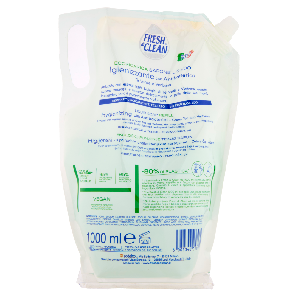 Fresh & Clean Sapone Liquido Igienizzante con Antibatterico Tè Verde e Verbena Ecoricarica 1000 ml