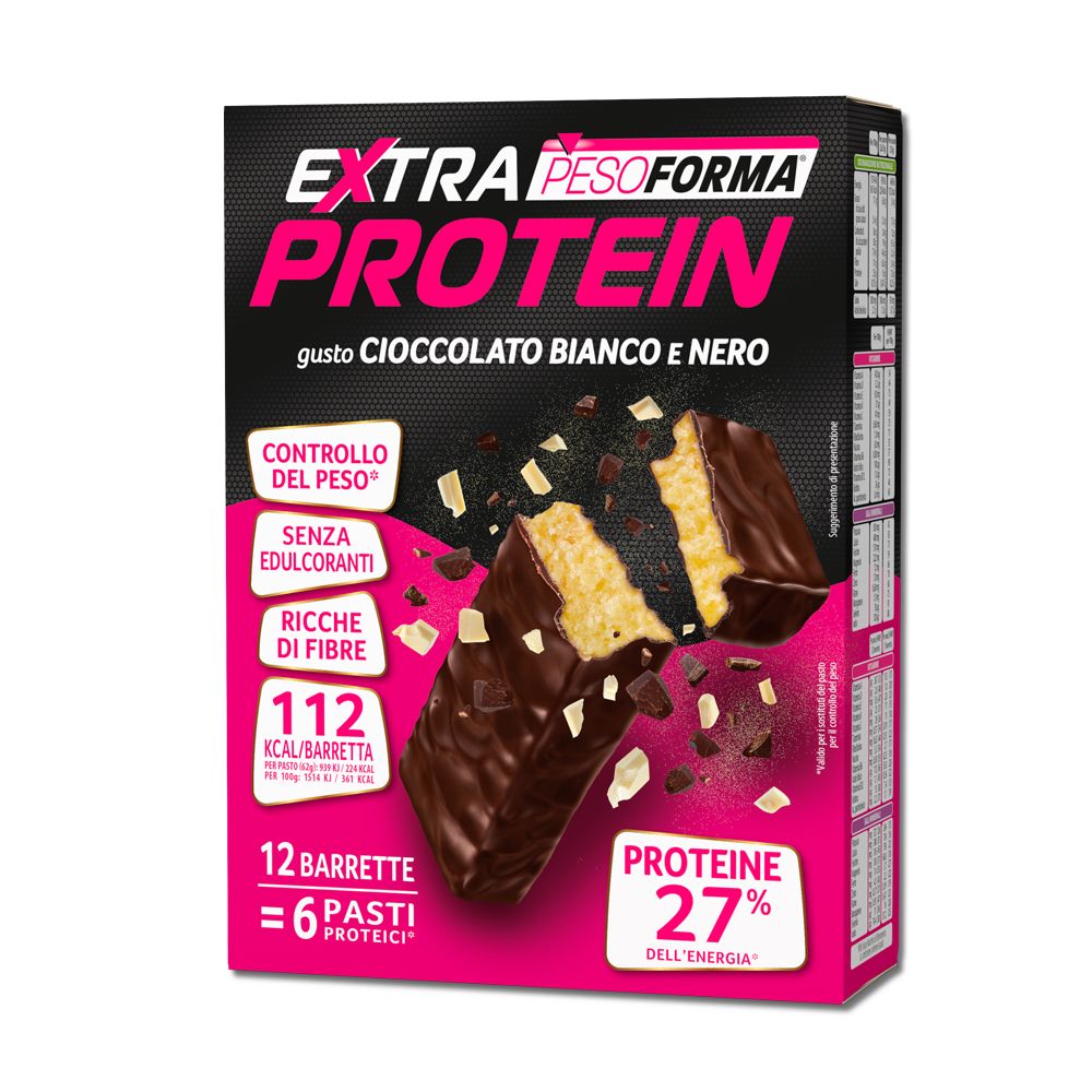 Pesoforma Extra Protein Barrette Cioccolato Bianco e Nero, Pasto Sostitutivo, 27% dell'energia in Proteine, 224 kcal a pasto, 112 calorie per barretta, 12x31g