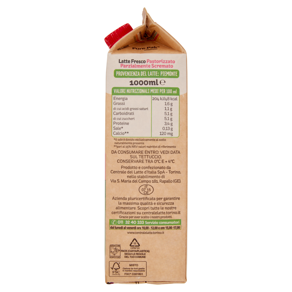 Centrale del Latte di Torino Tapporosso Laatte Latte Fresco Pastorizzato Parzialmente Scremato 1 l