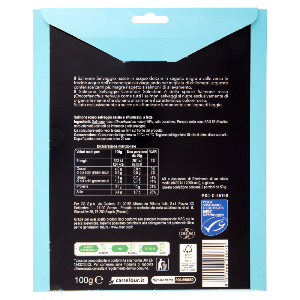 Carrefour Selection Salmone Affumicato Selvaggio dell'Alaska 100 g