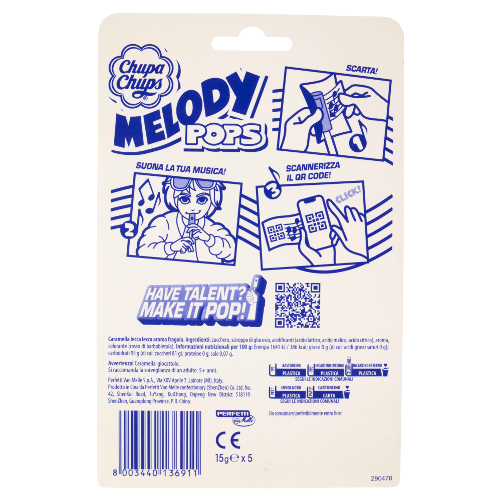 Chupa Chups Melody Pops Aroma Fragola 5 x 15 g