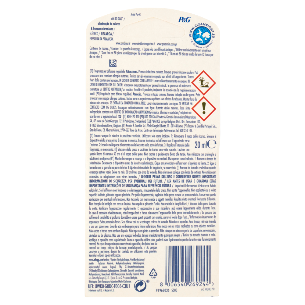 Ambi Pur Profumatore per Ambienti Elettrico, Deodorante, Lenor Risveglio Primaverile, Ricarica 20ml