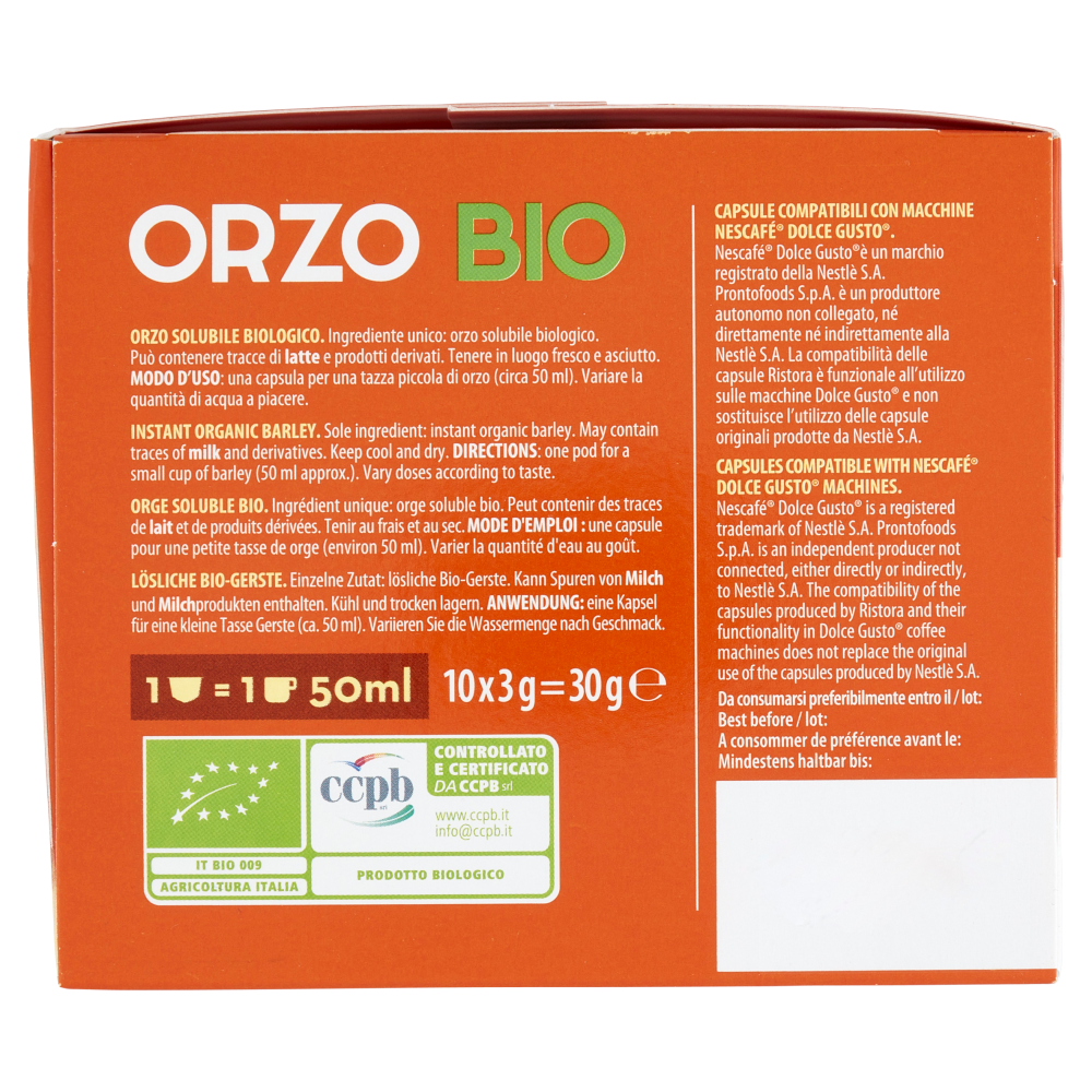 ristora Orzo Bio Capsule Compatibili con Macchine Nescafè Dolce Gusto 10 x 3 g