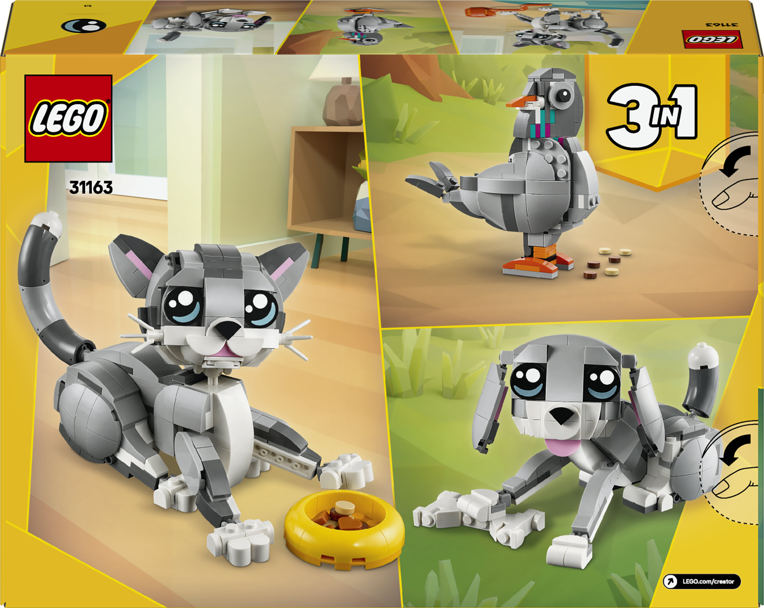LEGO Creator 3 in 1 31163 Gatto Giocoso Giocattolo, Si Trasforma in Piccione o in Cane, Regalo per Bambini e Bambine 8+ Anni