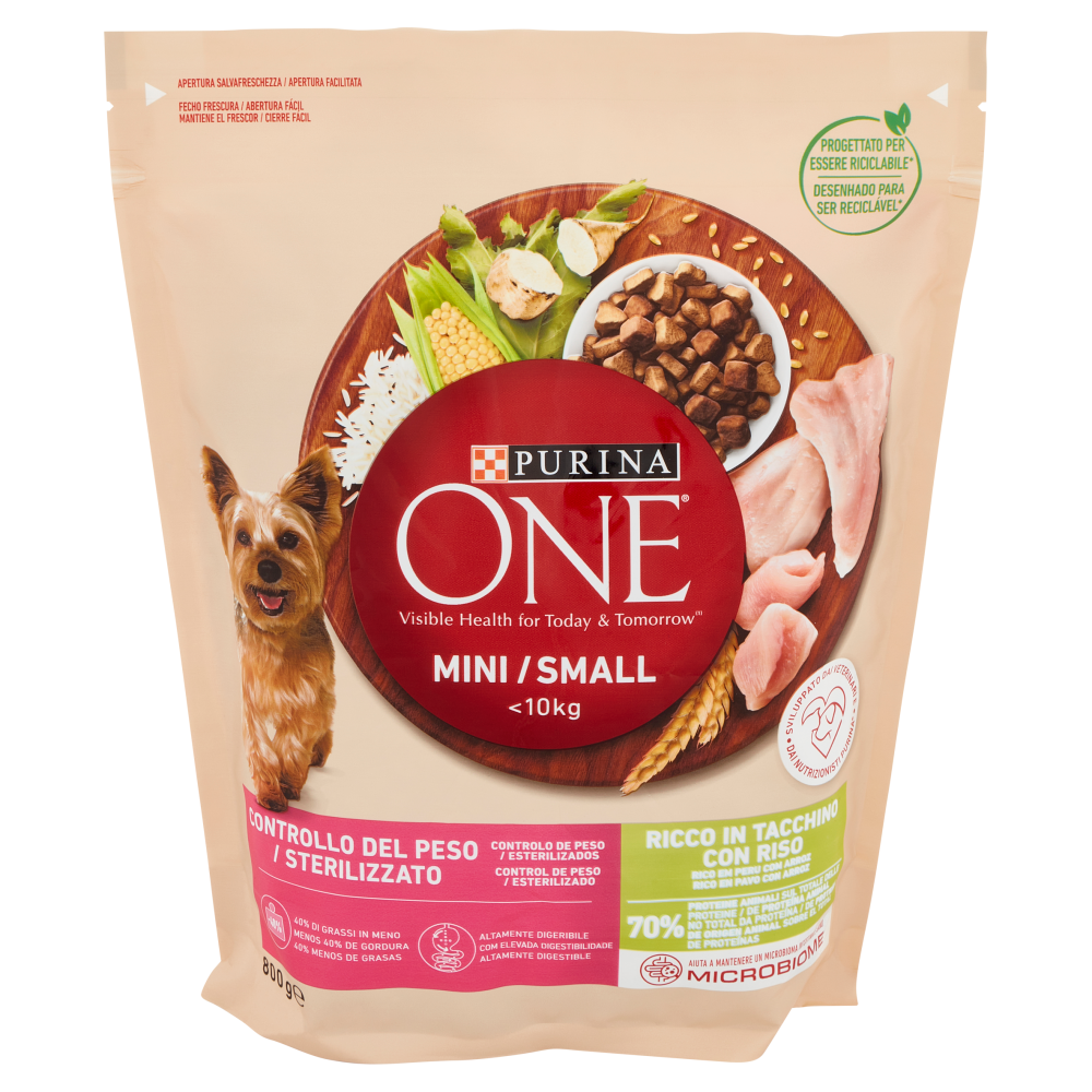 PURINA ONE Mini/Small Controllo del Peso/Sterilizzato Ricco in Tacchino con Riso 800 g