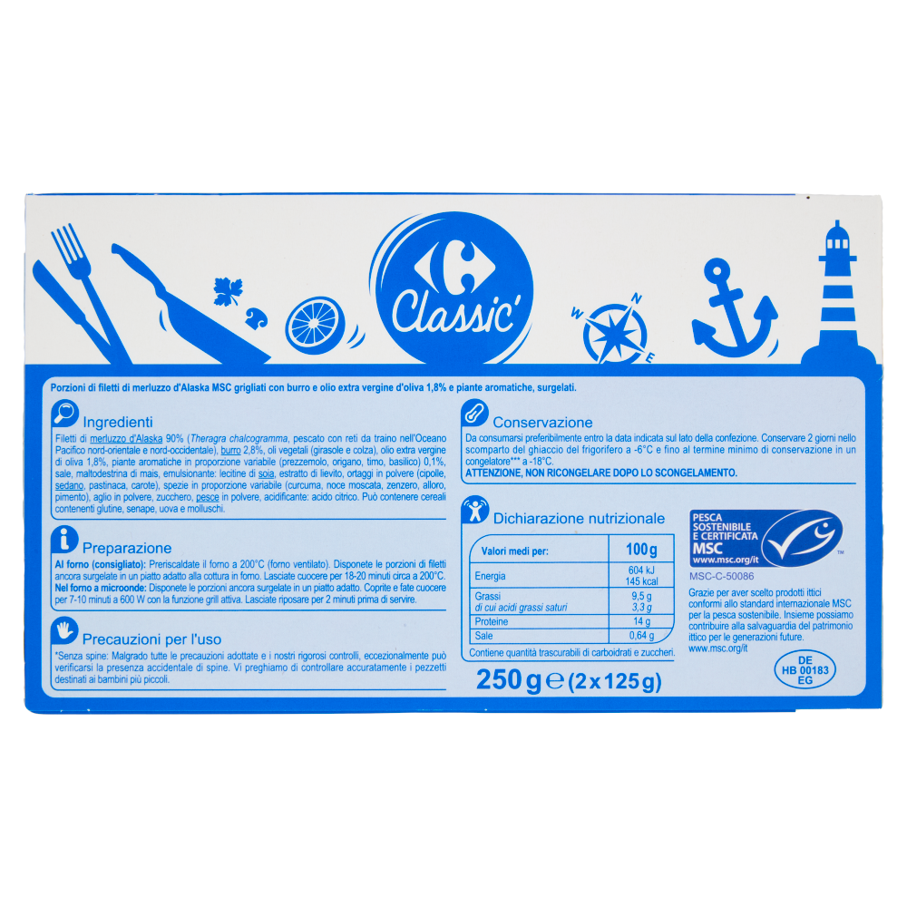 Carrefour Classic Merluzzo d'Alaska Grigliato con Piante Aromatiche Surgelato 2 x 125 g