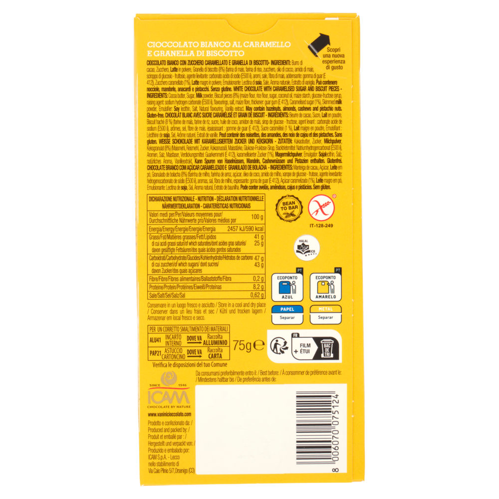 Vanini Tasting Experience Cioccolato Bianco al Caramello e Granella di Biscotto 75 g