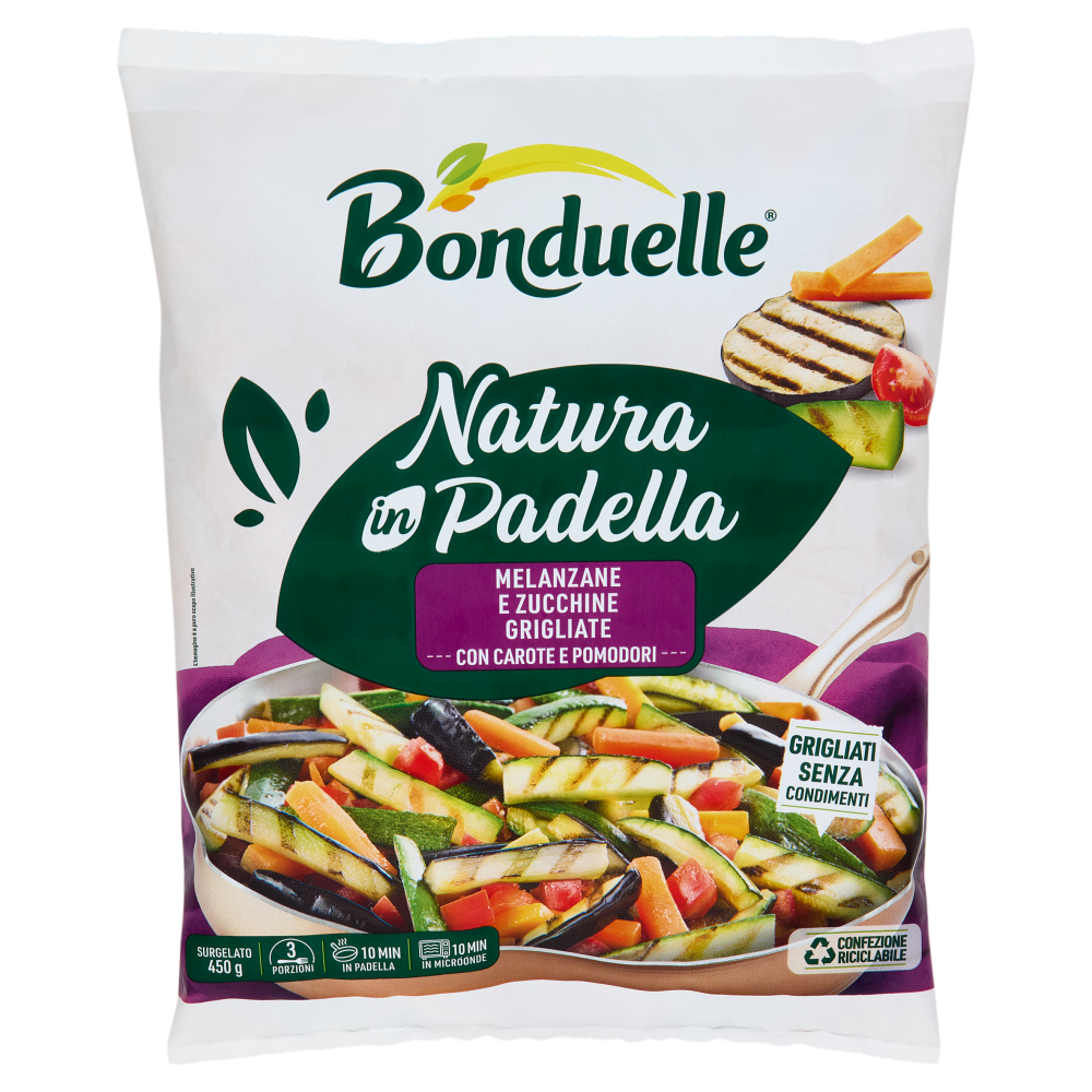 Bonduelle Natura in Padella Melanzane e Zucchine Grigliate con Carote e Pomodori Surgelato 450 g