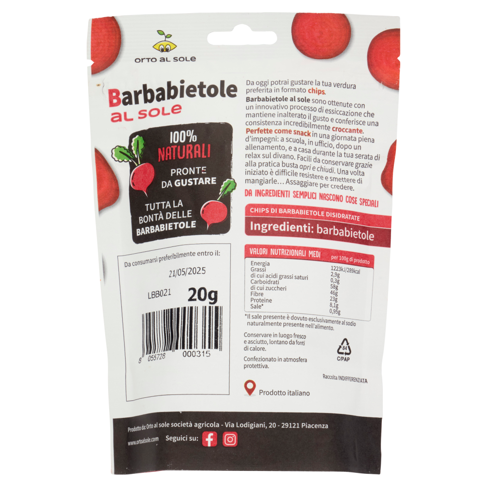 Orto al Sole Barbabietole al sole Chips di Barbabietole Croccanti 20 g