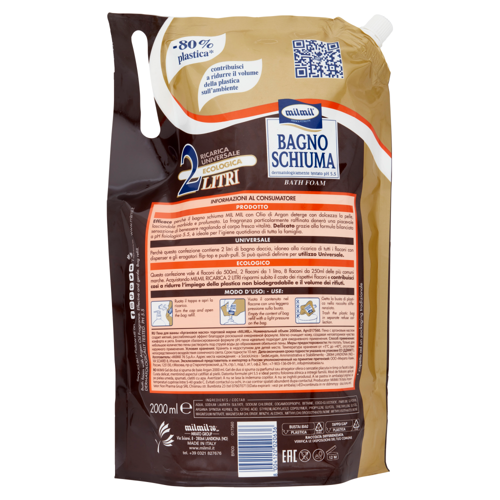 milmil Bagno Schiuma Argan Oil Fragrance Ricarica Universale Ecologica 2 Litri