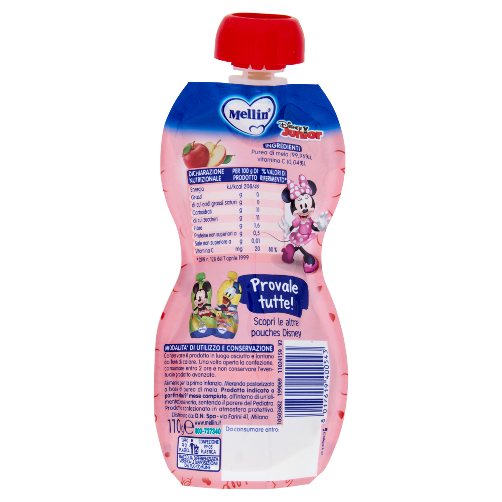 MELLIN Disney Minnie Merenda di Frutta 100% con VitC, Mela, dal 9&deg; mese, 110g