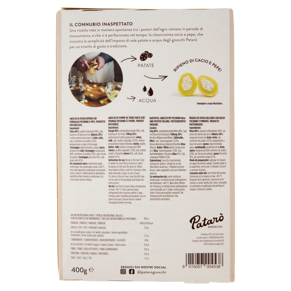 Patarò Gnocchi Ripieni di Cacio e Pepe 400 g