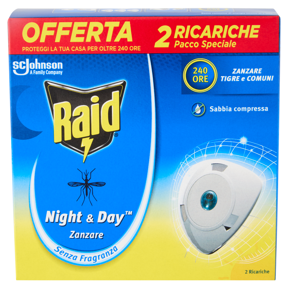Raid Night & Day Zanzare Ricarica Doppia, 2 Ricariche, Senza Fragranza