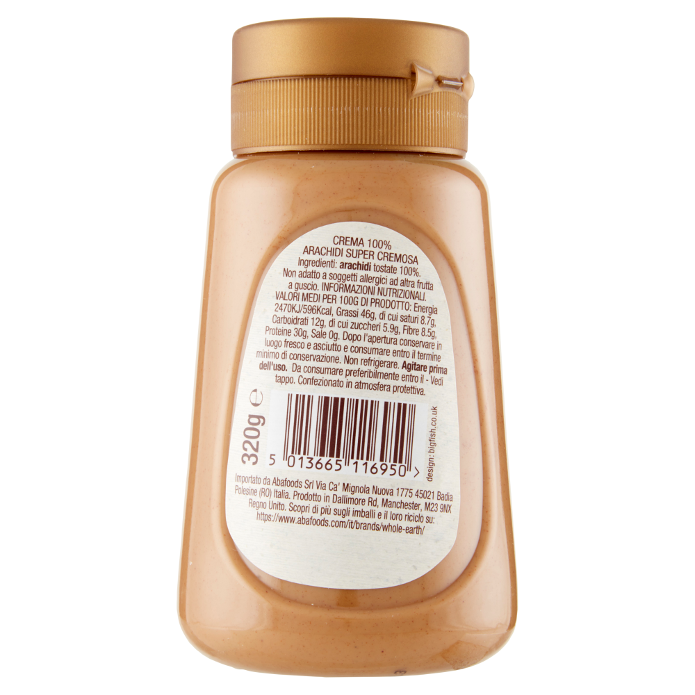 WHOLE EARTH Burro di Arachidi Cremoso, Crema Spalmabile Senza Glutine, Vegan, Bottiglia Squeeze 320g