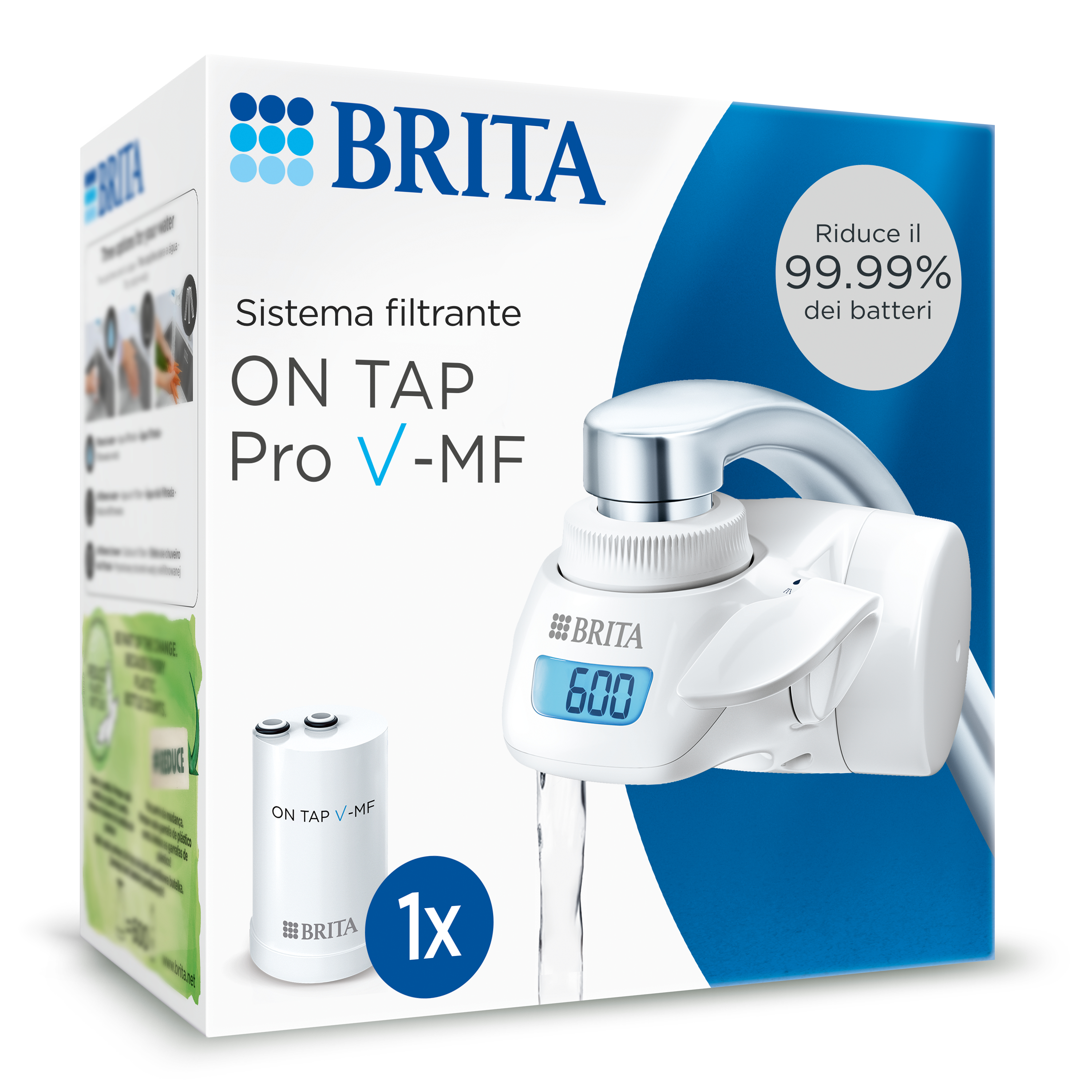 Brita ON TAP Pro V-MF incl. 1 x filtro acqua rubinetto V-MF (600L) - riduce cloro, 99,99% dei batteri, PFAS - display contalitri digitale