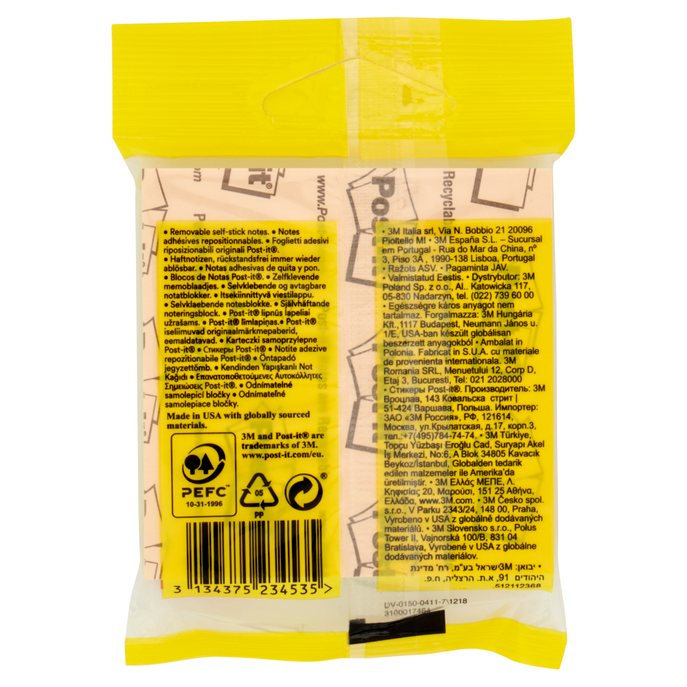 Post-it Notes Giallo 76 mm x 76 mm 100 foglietti 1 pz