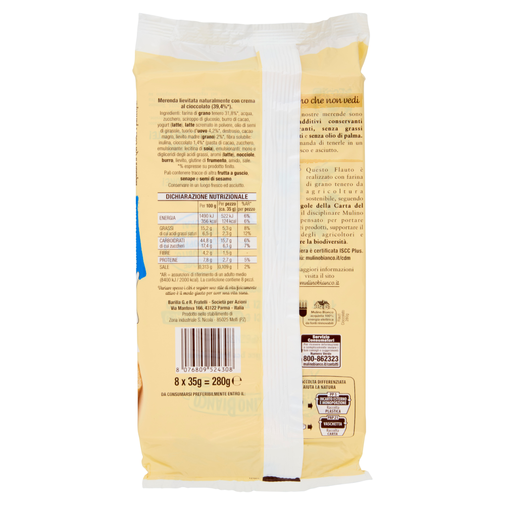 Mulino Bianco Flauti Cioccolato Merenda senza Additivi Conservanti 8 pezzi 280g