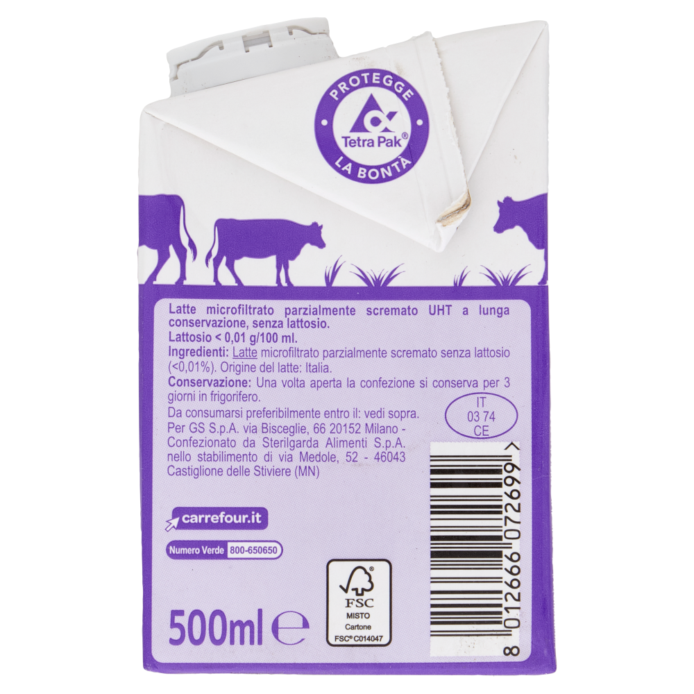 Carrefour Classic Senza Lattosio Latte Microfiltrato UHT Parzialmente Scremato 500 ml