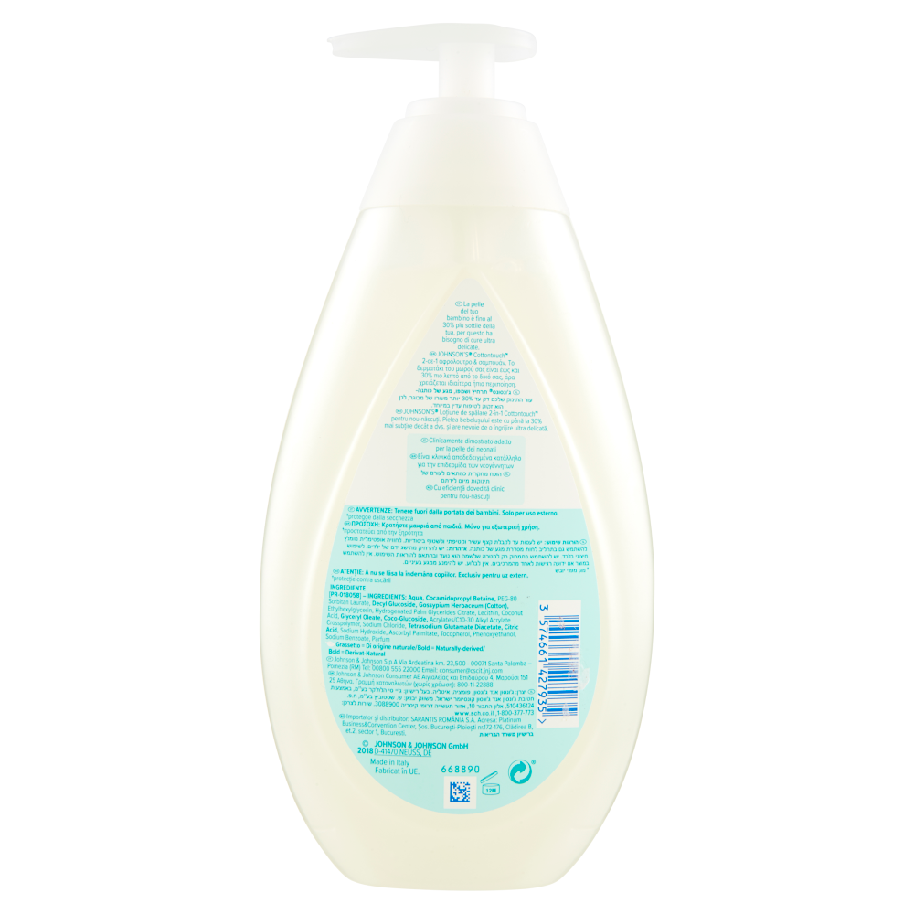 Johnson's Baby Bagnodoccia Cotton Touch 2In1, Ideato Per La Pelle Del Neonato, 500 ml