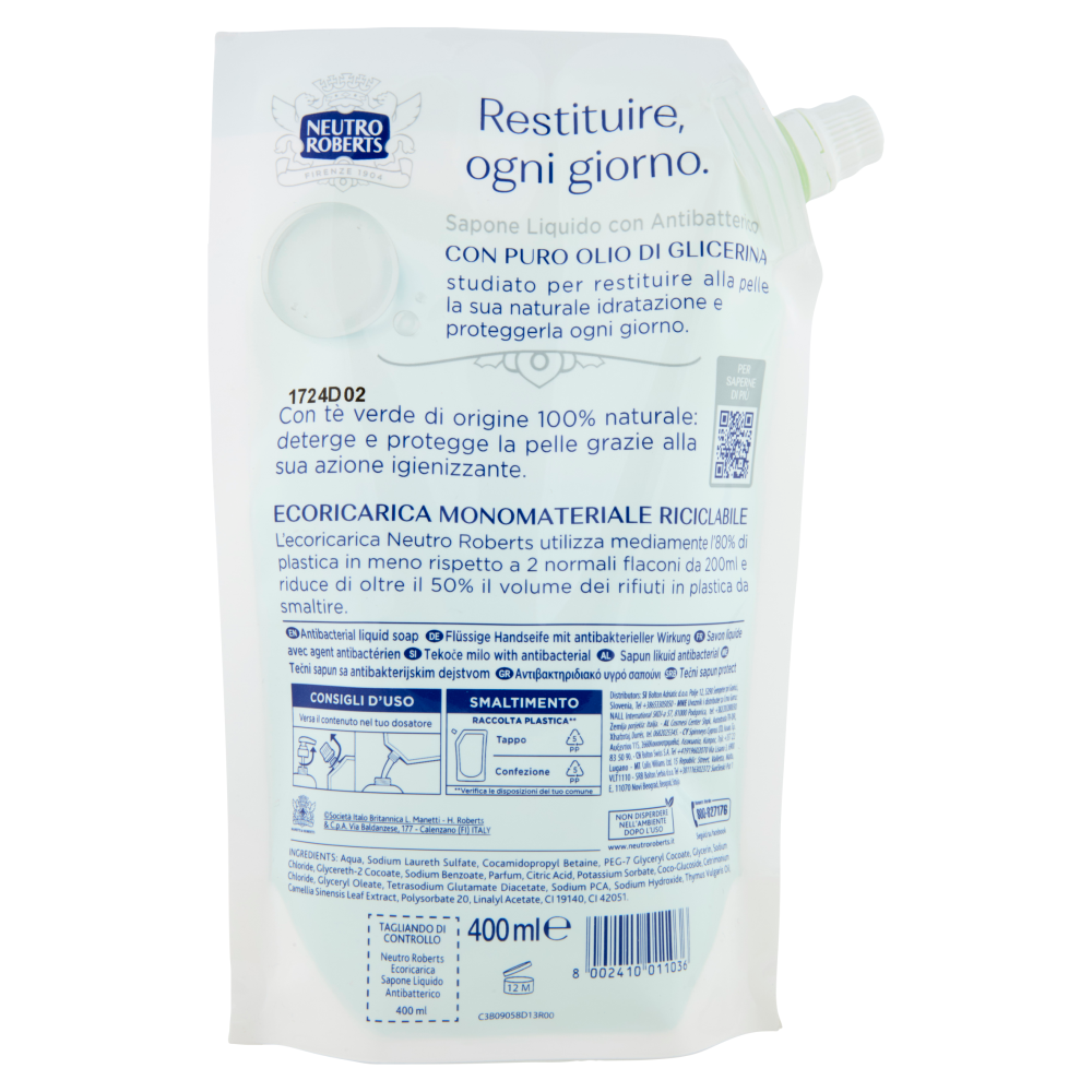 Neutro Roberts con Antibatterico Tè Verde Sapone Liquido Ecoricarica 400 ml