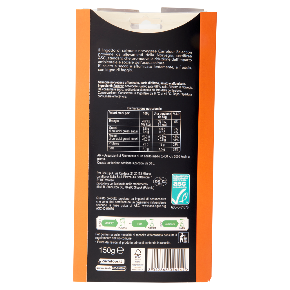 Carrefour Selection Lingotto di Salmone Norvegese Affumicato 150 g