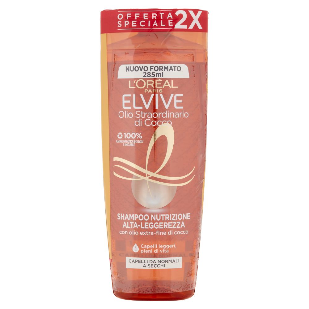 L'Or&eacute;al Paris Shampoo Elvive Olio Straordinario Cocco, Per Capelli Normali e Secchi, Confezione da 2