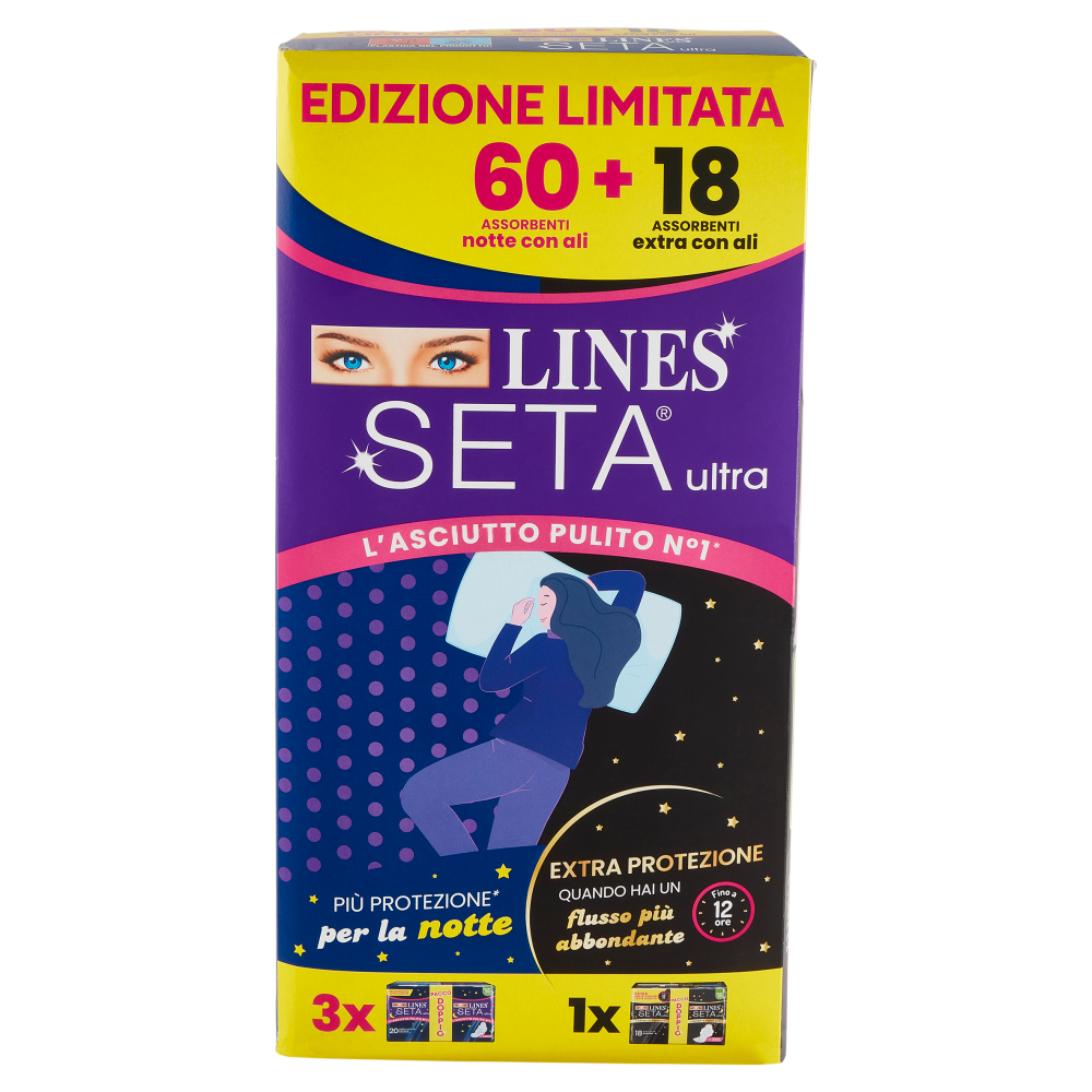 Lines Seta ultra Assorbenti notte con ali 60 pz + Assorbenti extra con ali 18 pz
