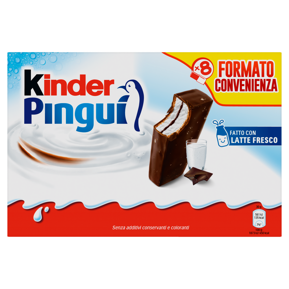 Kinder Pingu&igrave;: Merenda con pan di spagna, ripieno al latte e copertura al cioccolato fondente 8x30g
