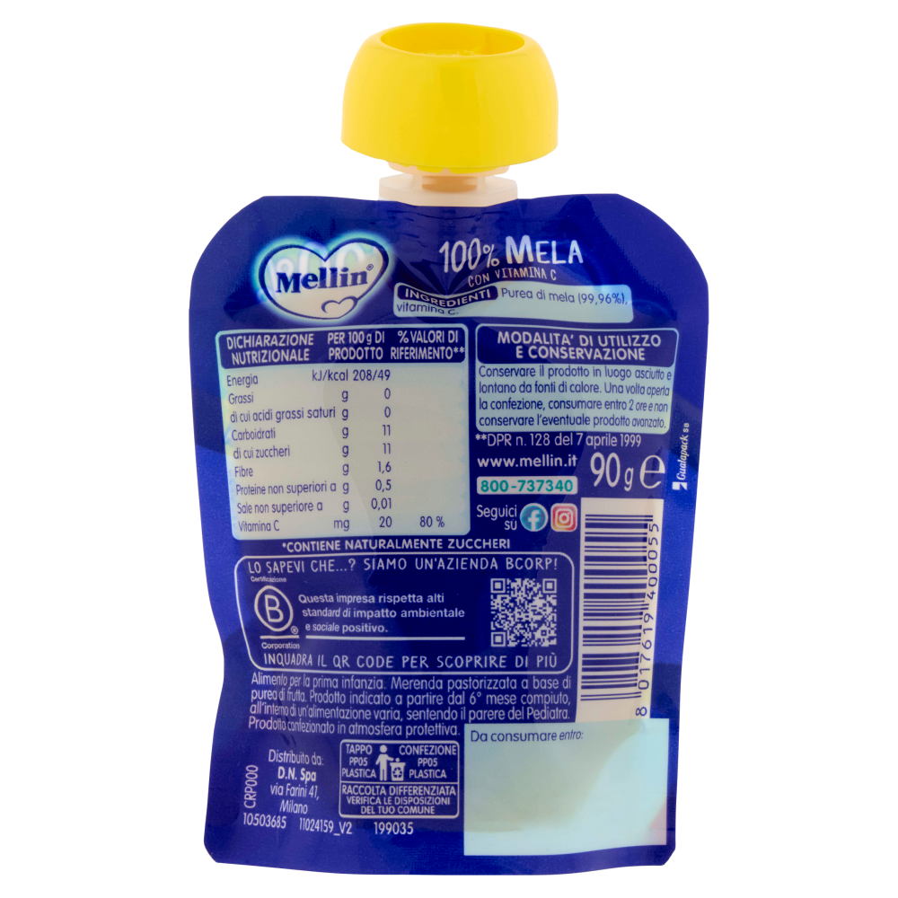 MELLIN Merenda di Frutta 100% con Vitamina C, Mela, a partire dal 6° mese, Pouch 90 g