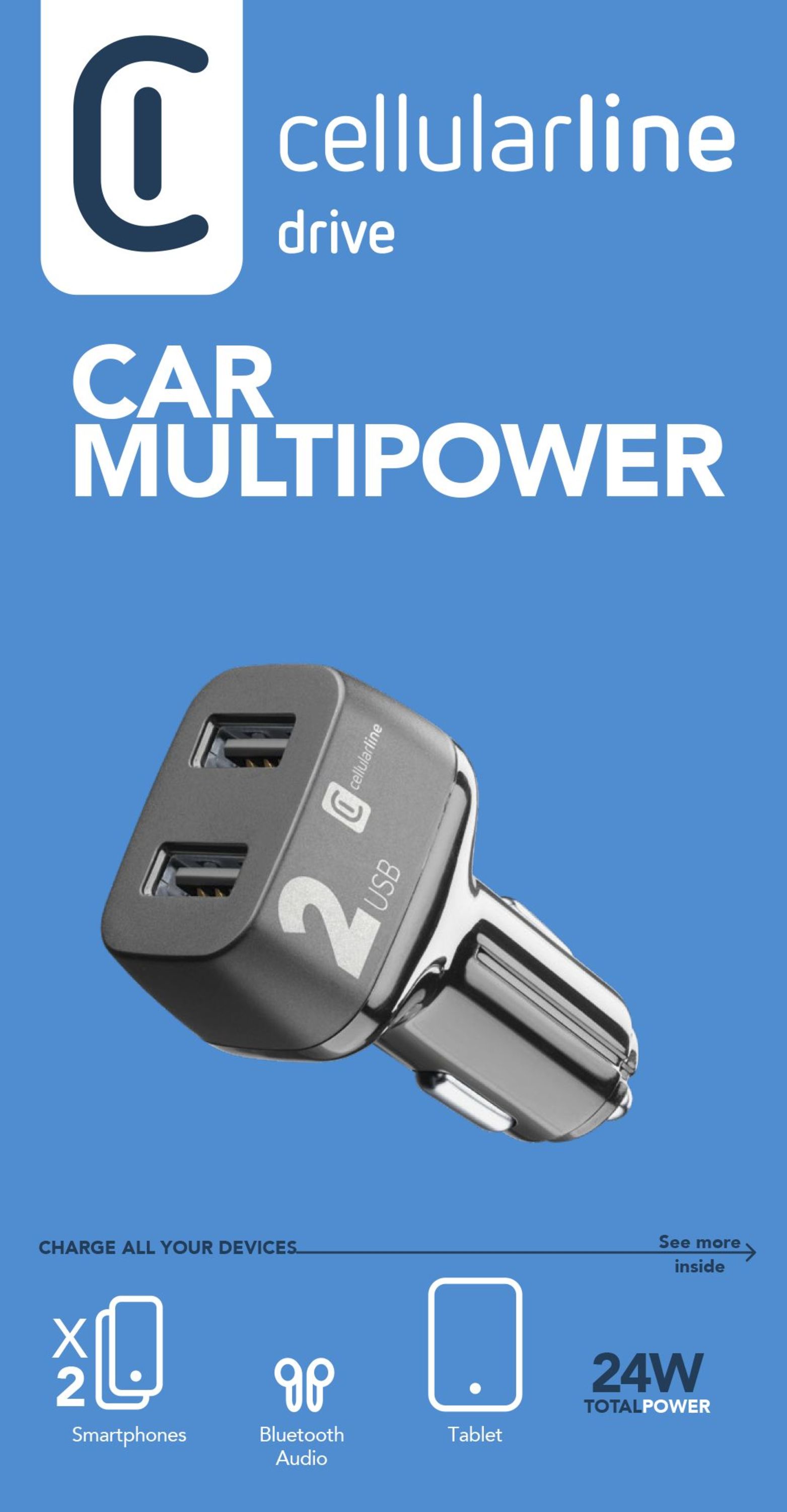 Cellularline Car Multipower 2 - iPhone, Samsung, Xiaomi, Oppo and other Smartphones and Tablets Caricabatterie da auto veloce 2 porte, 24W