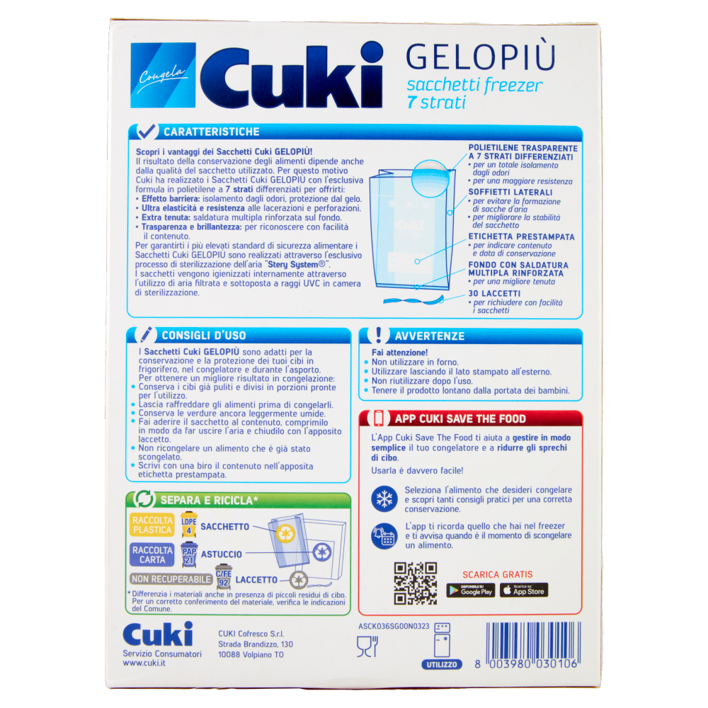 Cuki Congela Gelopiù sacchetti freezer 7 strati Formato Piccolo 18 x 28 cm 30 pz